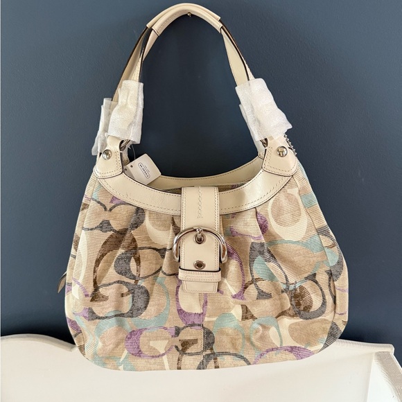 Coach Handbags - Coach Cream and Tan Shoulder Bag with Signature Pattern